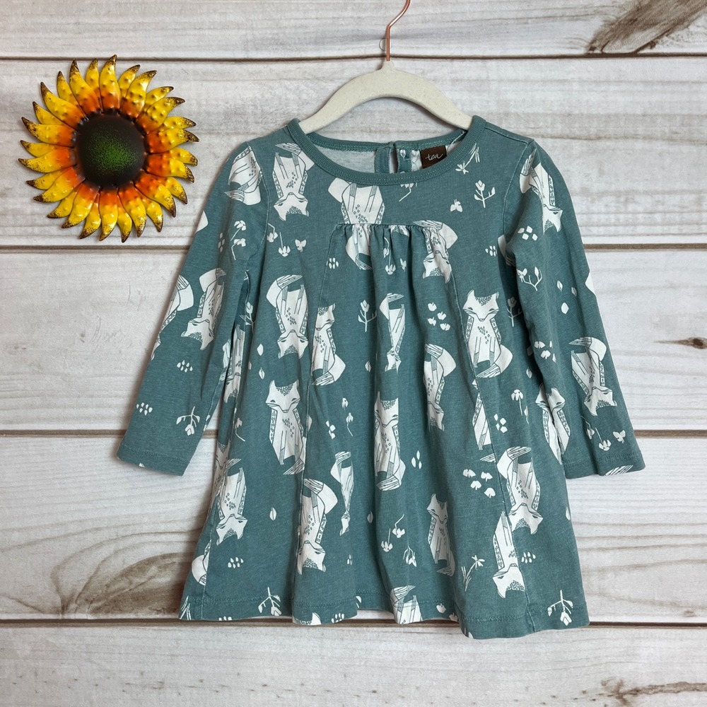 Tea Collection Baby Girl Dress 18-24 Mos Teal Fox Print Long‎ Sleeve